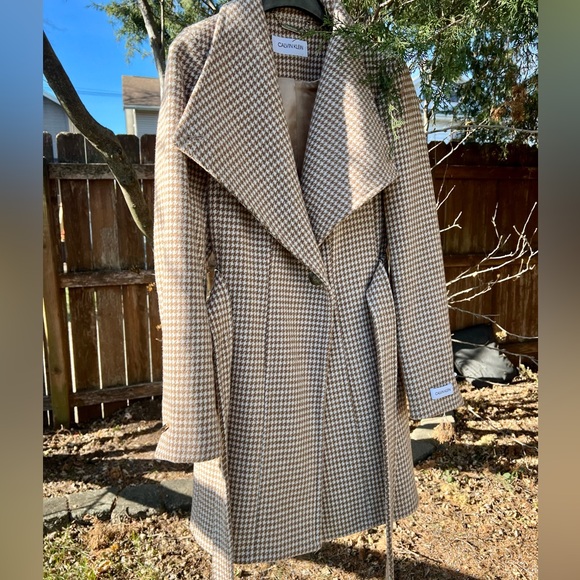 Calvin Klein Wool Shawl Coat women houndstooth M belted plaid khaki cream trench - Picture 11 of 13